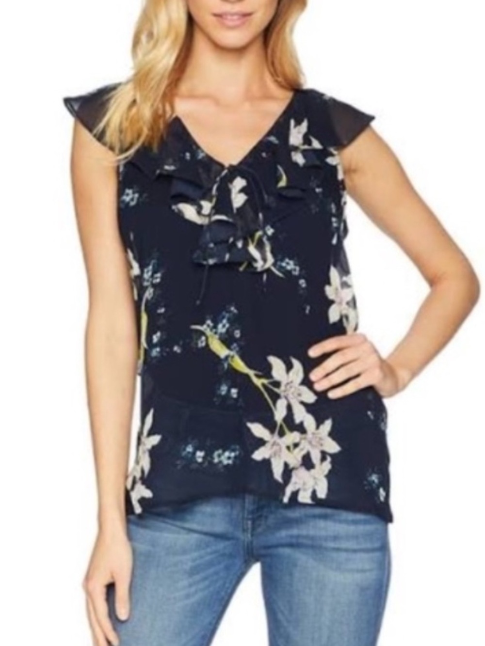 Paige Ruffle Trim Floral Orchid Print Silk Sleeveless Top Navy, Semi-Sheer, XS
